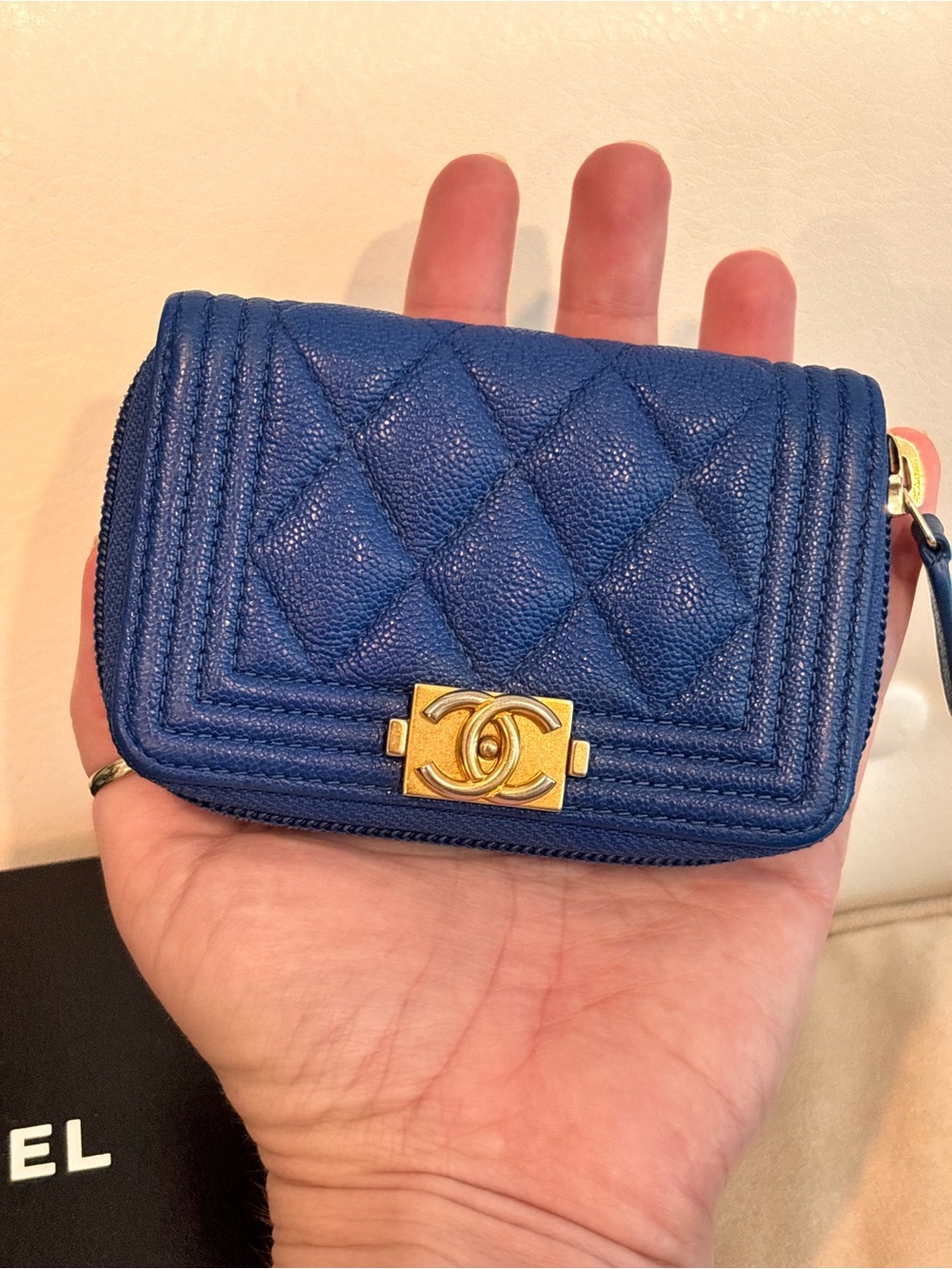 CHANEL Boy Blue Caviar Quilted Leather Zip Around Coin Purse Wallet W/ Box - Picture 14 of 16
